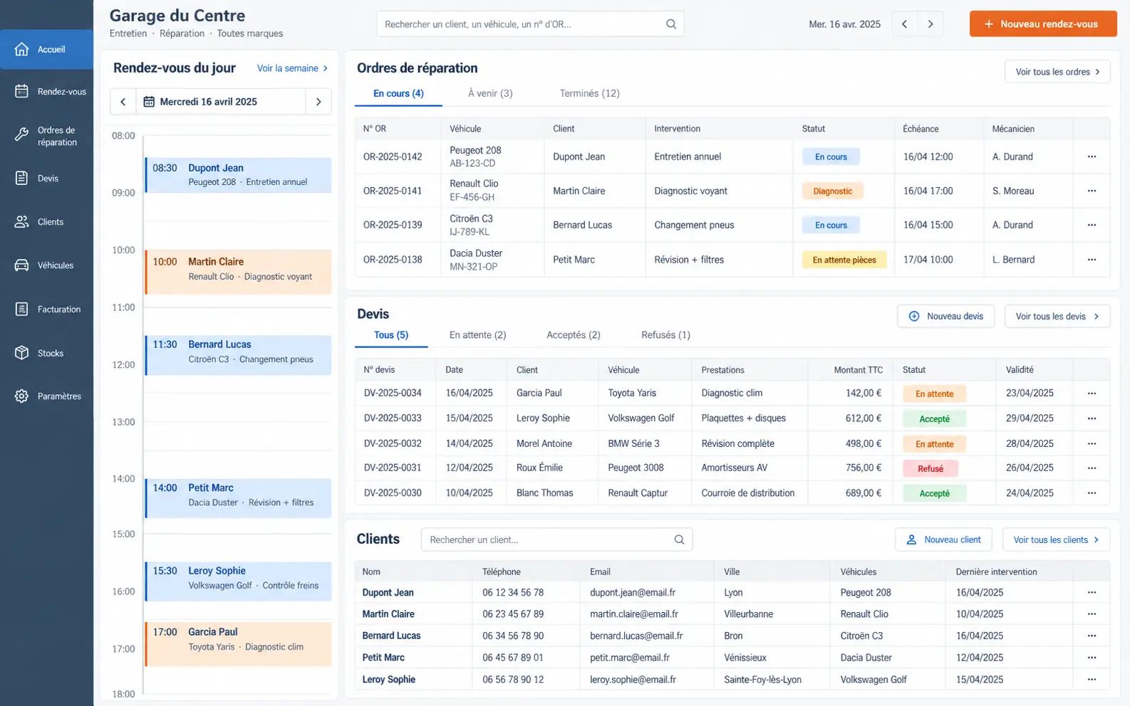 Exemple visuel de l’application CRM d’un garage solidaire avec des données fictives