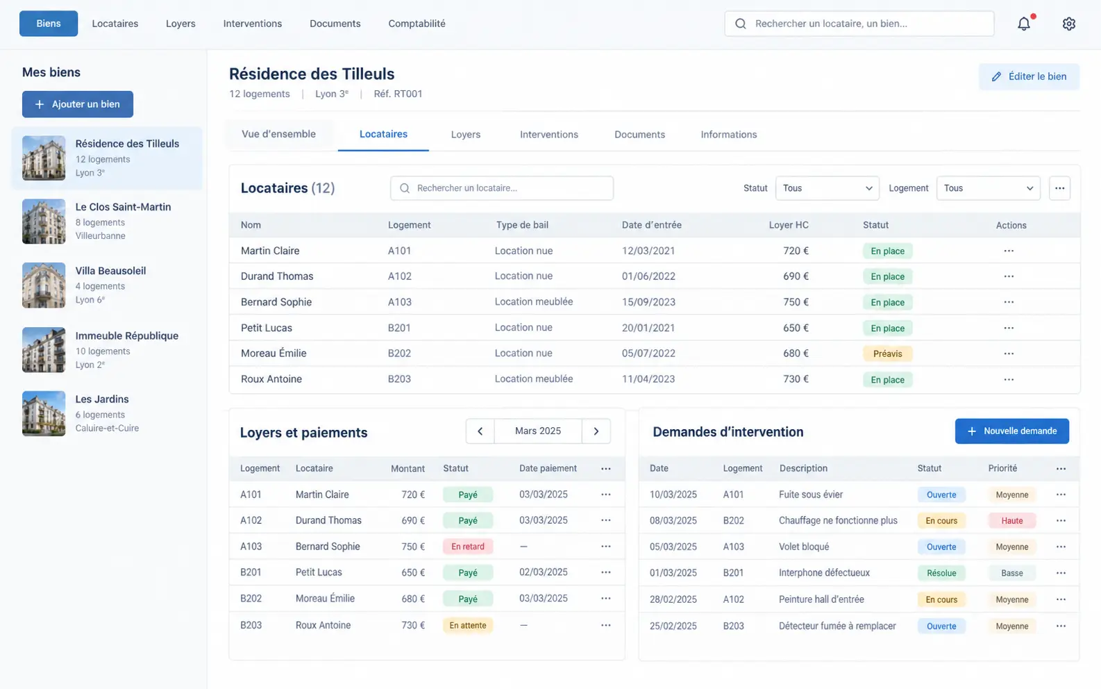 Exemple visuel de l’application Gestion locative avec plusieurs types de baux avec des données fictives