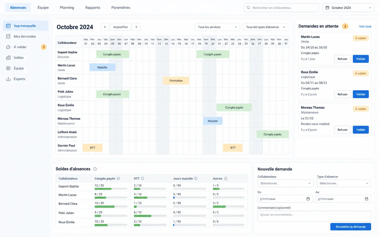 Exemple visuel de l’application Congés avec des circuits multi-rôles avec des données fictives